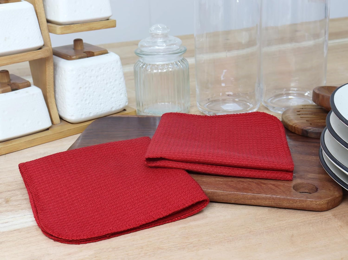PurpleEssences Dish Cloths and Dish Rags - 6 Pack Waffle Weave Solid Kitchen Dish Wash Cloths, 100% Cotton, 12 x 12 Inches, Ultra Soft Absorbent Quick Drying - Red