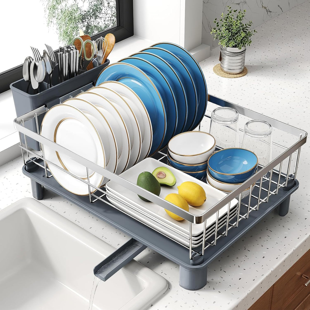 Dish Drying Rack - Small Dish Rack for Kitchen Counter, Stainless Steel Dish Drainer with Utensil Holder and Drainboard (Silver)
