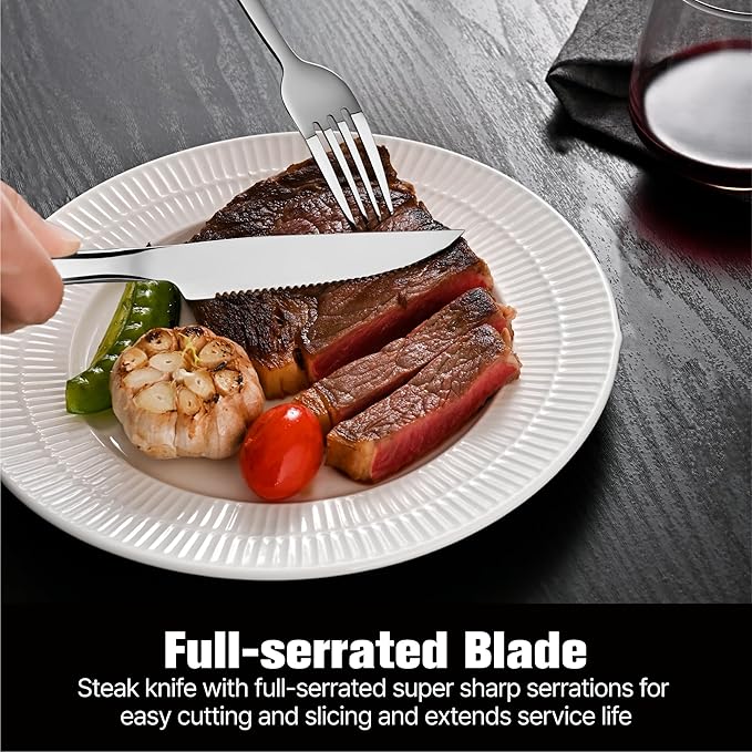 KINGSTONE 48-Piece Silverware Set with Steak Knives, Flatware Set for 8, Stainless Steel Tableware Cutlery Set for Home Restaurant, Mirror Finish,Modern Design