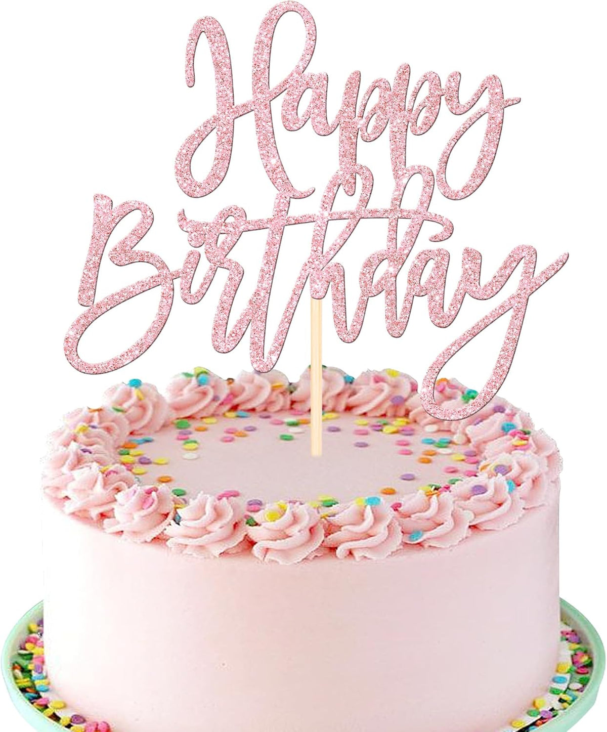 1 PCS Happy Birthday Cake Topper Glitter Cake Pick for Celebrating Anniversary Theme Party Cake Decorations Supplies Light Pink