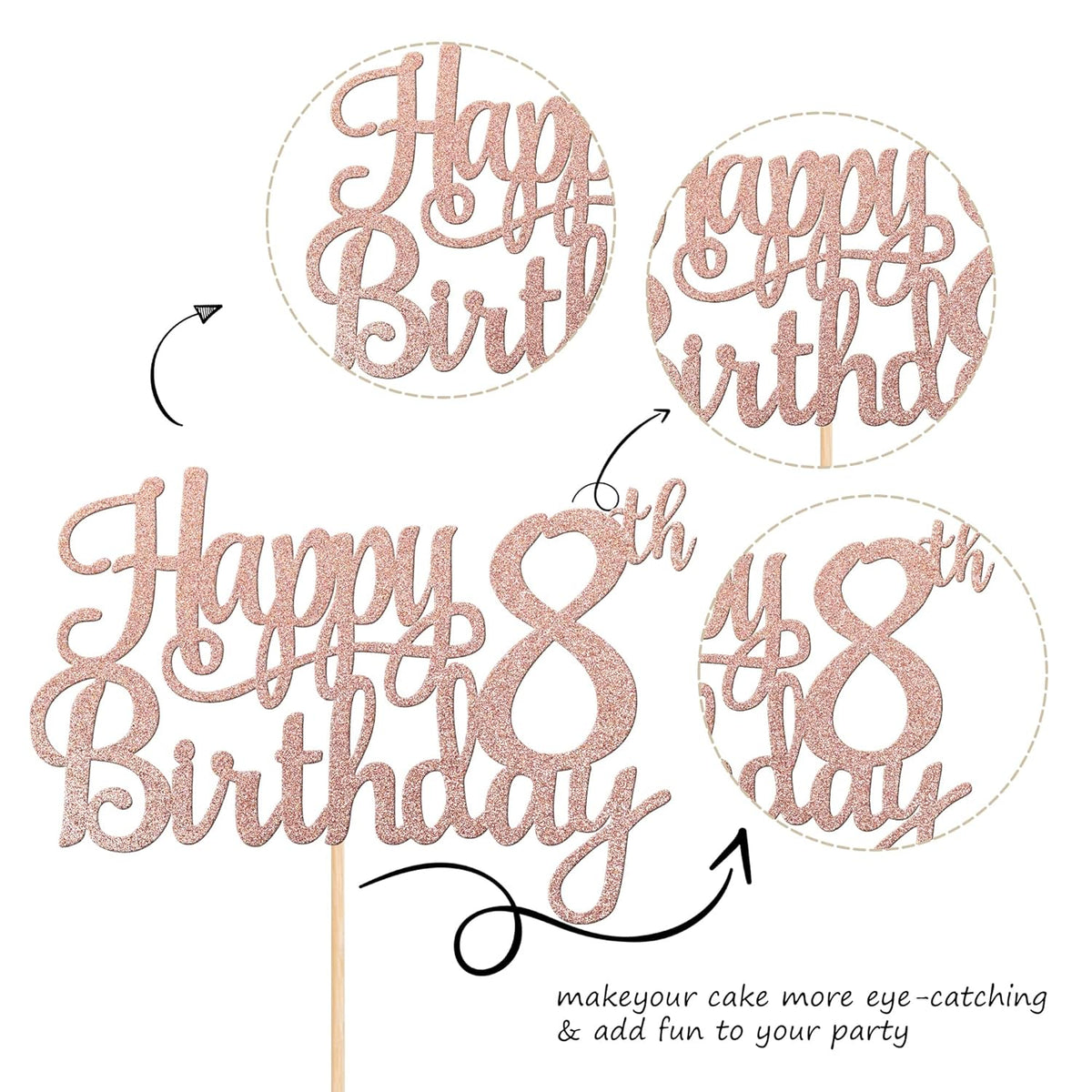 1 PCS Happy 8th Birthday Cake Topper Glitter Cheers to 8 Years Cake Pick Number 8 Fabulous Cake Decoration for 8th Birthday Party Decorations Supplies Rose Gold