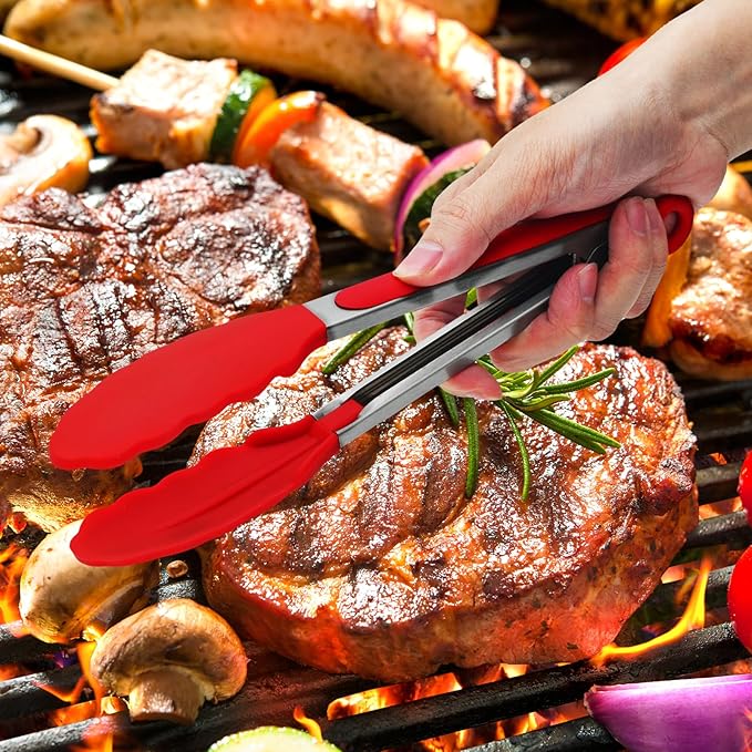 Premium Stainless Steel Heat Resistant Kitchen Tongs for cooking,set of 9" and 12" (Red),Non Scratch Silicone cooking Tong Tip for Cooking Pans,Strong Grip BBQ tongs for Grabbing Hot Food