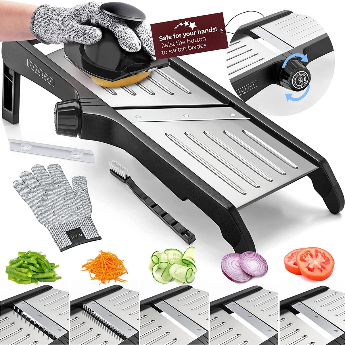 Gramercy Mandoline Food Slicer, Vegetable Cutter, Potato Slicer, Mandolin for Kitchen, Veggie Cutter, Cucumber Tool - Comes with One Pair Cut-Resistant Gloves