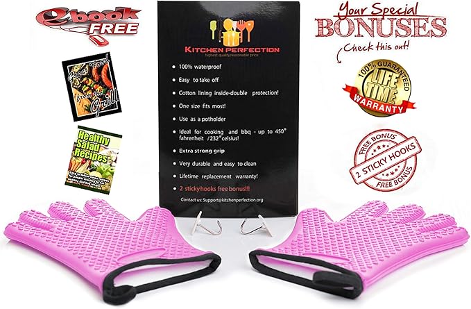 KITCHEN PERFECTION Silicone Smoker Oven Gloves -Extreme Heat Resistant BBQ Gloves-Handle Hot Food Right on Your Grill Fryer & Pit|Waterproof Grilling Cooking Baking Mitts|Superior Value Set+3 Bonuses