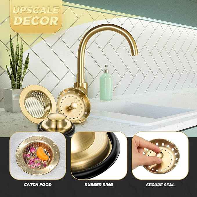 Mudder 3 Pcs Kitchen Sink Drain Strainer and Stopper Stainless Steel Garbage Disposal Plug with Handle Universal Anti-Clogging Kitchen Sink Filter Sieve Basket Strainer(Brushed Gold)