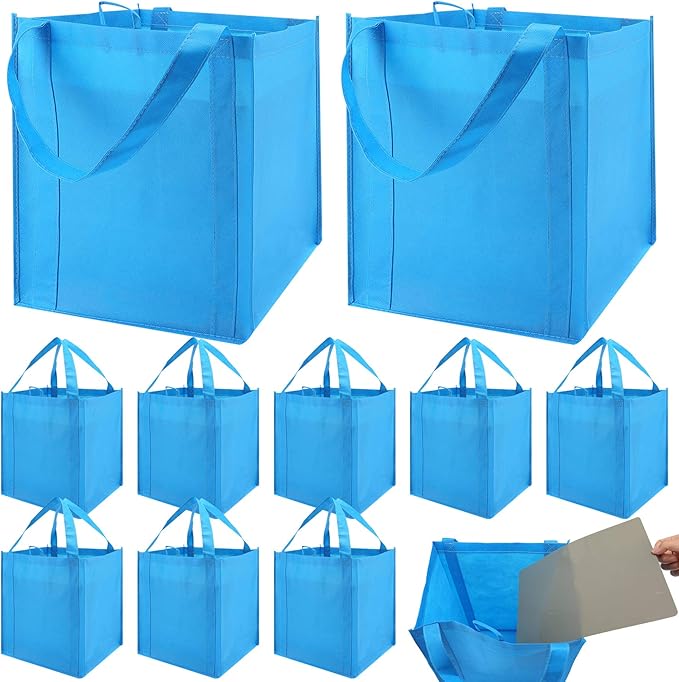 NERUB Set of 10 Reusable Grocery Bags Heavy Duty Shopping Bags Large Grocery Totes with Reinforced Bottom Super Sturdy Handles Washable, Blue