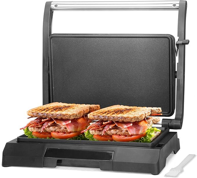 Baker's Friend Mini Panini Press Electric Griddle, 2 Slices of Panini Grill Press Sandwich Maker Press, Sandwichera Electrical for Pancakes & Eggs, Oil Tray, Non Stick Surfaces, Stainless Steel