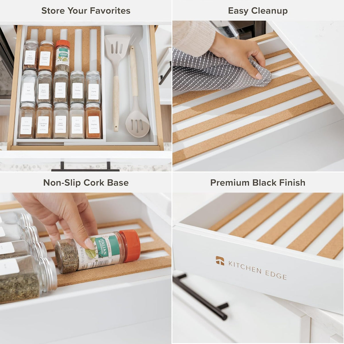 KitchenEdge Spice Drawer Organizer with Expandable Storage. Holds up to 15 Spice Jars (Not Included), Non-Slip Feet, Kitchen Accessory Storage, 100% Sustainable Bamboo Wood (White Bamboo)