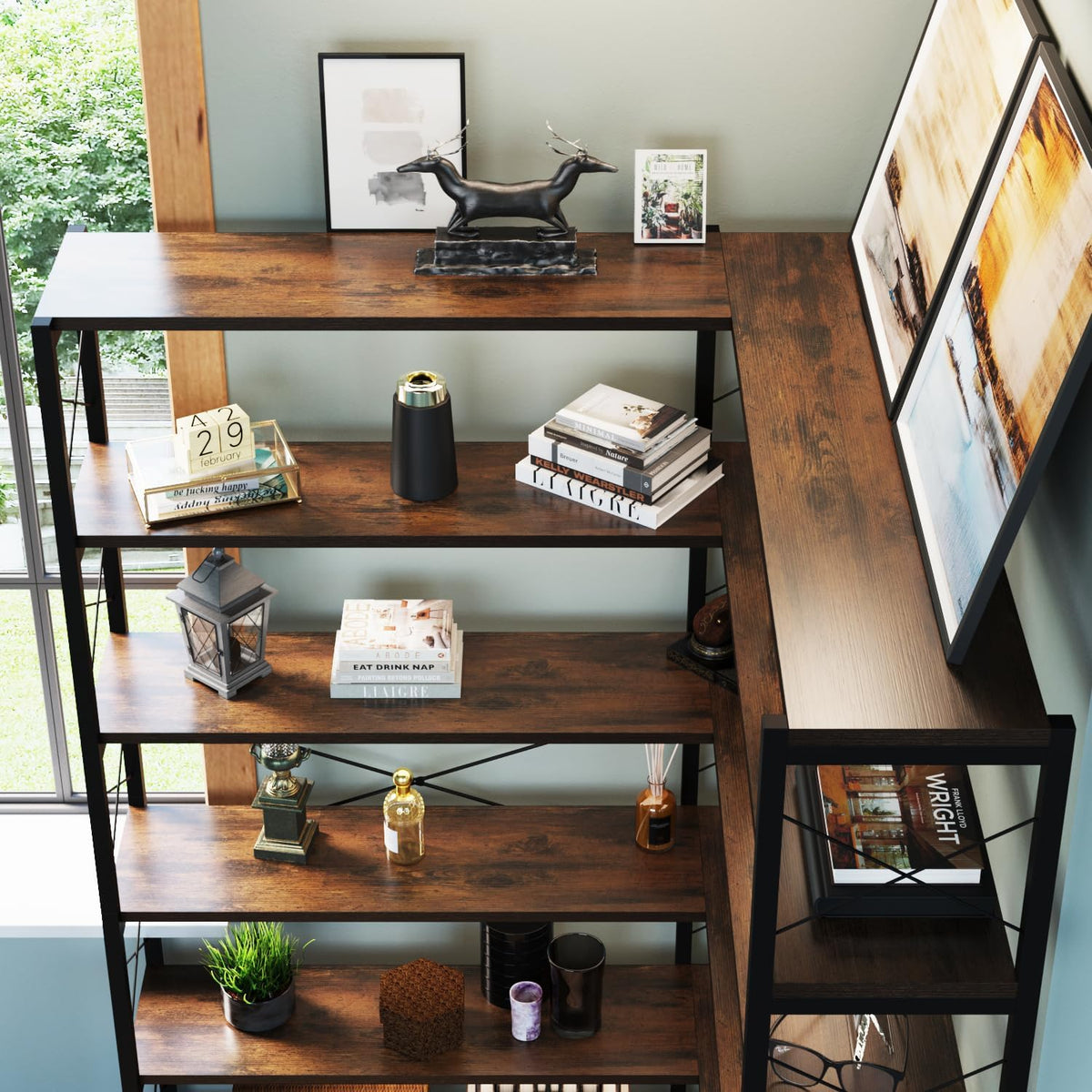 Corner Bookshelves and Bookcases Industrial Corner Etagere Bookcase L Shaped Shelf 6 Tiers with Metal Frame for Living Room Home Office