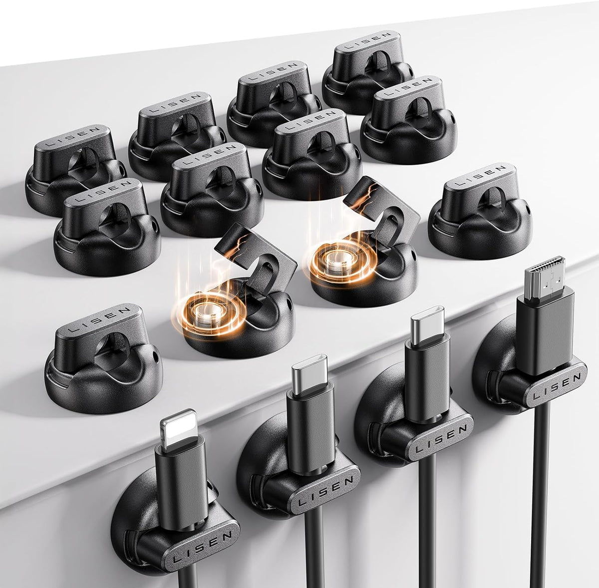 16-Pack Magnetic Cable Clips [1S Snap-On] Cord Holder, LISEN Office Desk Organizers and Accessories with 8 Extra Strong Adhesive Pads, Wire Organizer for Nightstand, Home, Wall, Car, Desktop