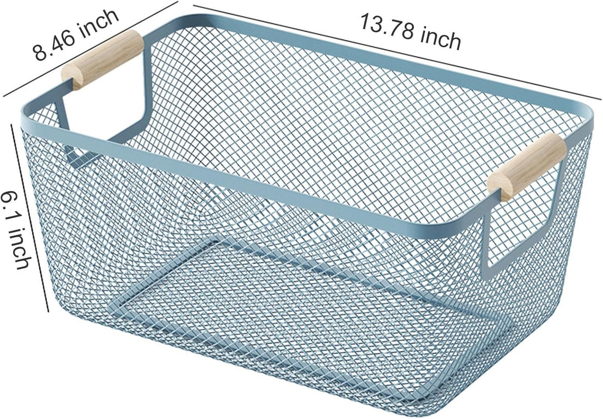 Metal Mesh Steel Basket, Large Wire Storage Organizer Basket Multi-function Hanging Kitchen Baskets with Wood Handle for Kitchen Bathroom Picnic Home, Rectangle-Blue