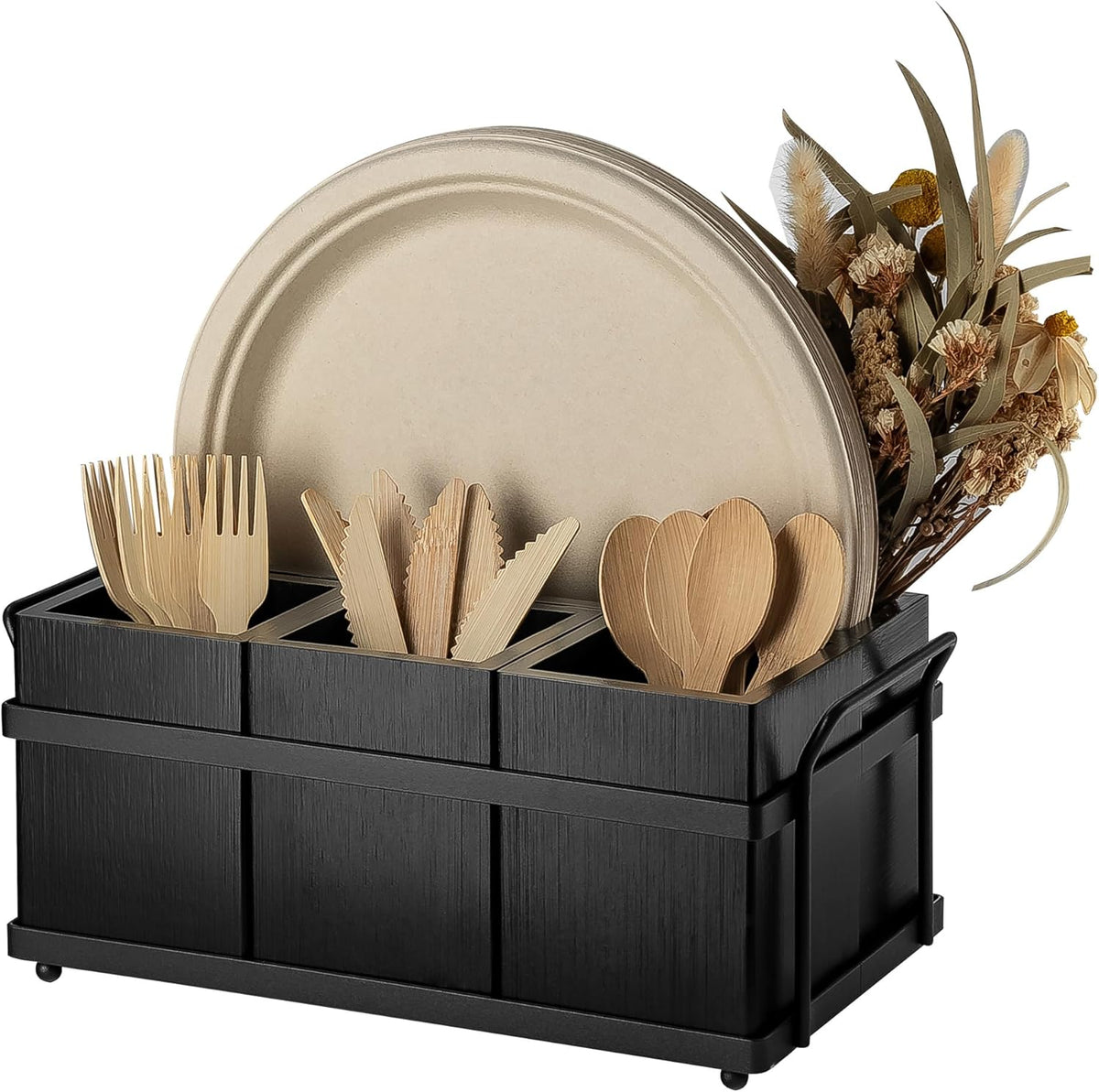 PTSTING Silverware Caddy Black Wood Silverware Holder Paper Plate Dispenser Utensil Caddy Cutlery Flatware Organizer Box for Spoons Forks Plates Napkins