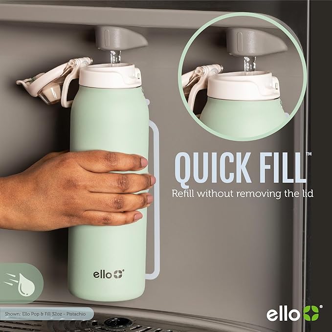 Ello Pop & Fill 32oz Stainless Steel Water Bottle with QuickFill Technology, Double Walled and Vacuum Insulated Metal, Leak Proof Locking Lid, Straw and Chug, Reusable, BPA Free, Pink Gingham