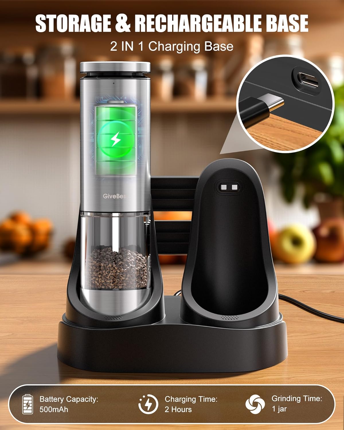 GiveBest Electric Salt and Pepper Grinder Set with Easy-to-Carry Charging Base and LED Light, Automatic Salt and Pepper Grinder Set, Adjustable Coarseness, USB Rechargeable, Washable Container