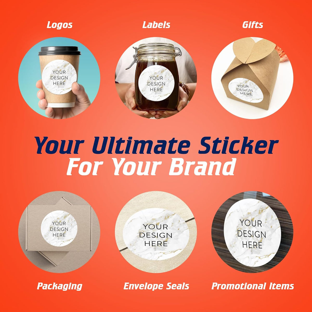 100 Custom Vinyl Stickers - Upload Your own Image, Text, Design, Logo - Personalized Logo Labels for Handmade, Packaging, Bottle, Jars, Candle, Brand Stickers (Gold Marble, 5x5)