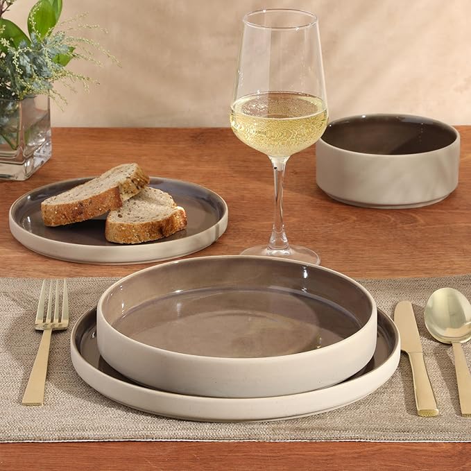 Gibson Elite Liberty Bay 16-Piece Pottery Clay Stoneware Dinnerware Set – Mocha Brown Reactive Glaze, Stackable Plates and Bowls W/Pasta Bowl, Service for 4 – Microwave & Dishwasher Safe