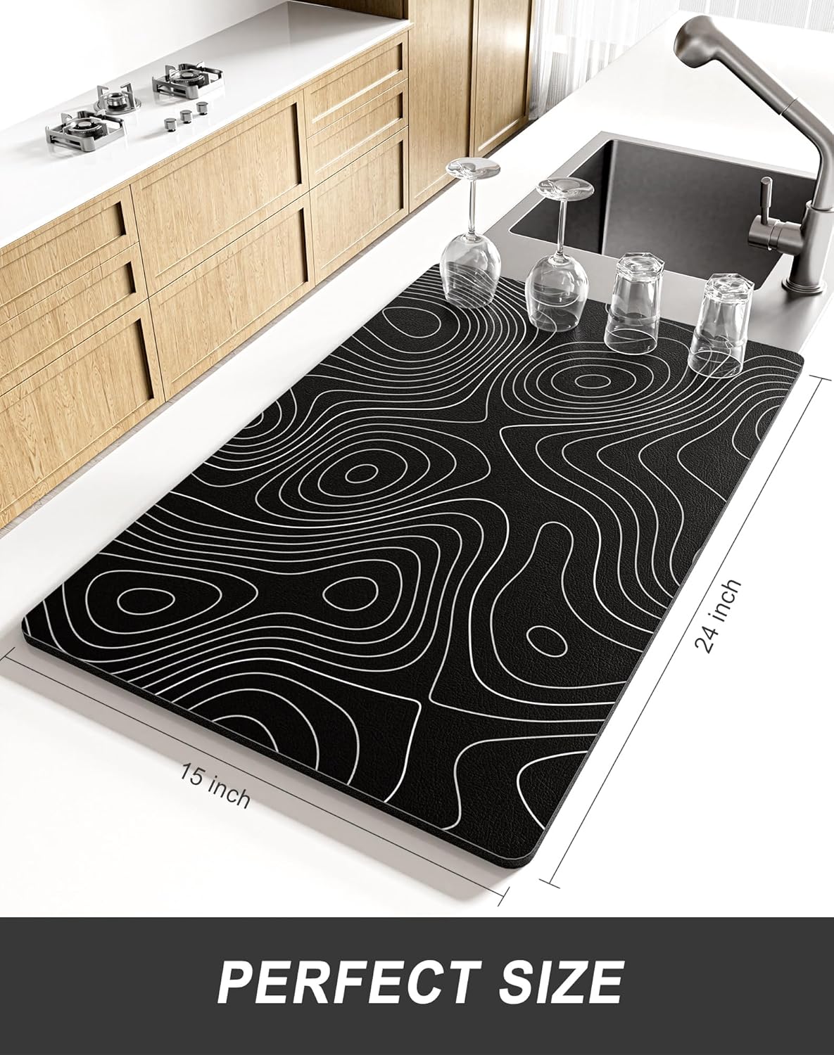 Rnivvi Dish Drying Mat for Kitchen Counter, XL 15 x 24" Cute Marble Super Absorbent Draining Pad, Non-Slip Heat Resistant Coffee Bar Mats for Coffee Machine Station Accessories, Line Art Dish Rack Pad