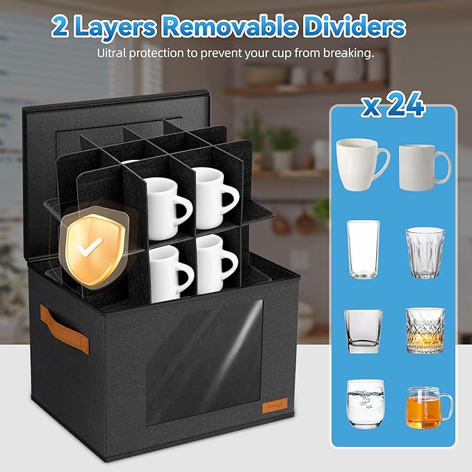 2-Layer Coffee Mug Storage Box with Dividers, Coffee Cup Storage Organizer with Zipper Lid and Handles, Stackable Mug and Cup organizer Service for 24 Coffee Mugs, Cups and Glasses, Dark Grey