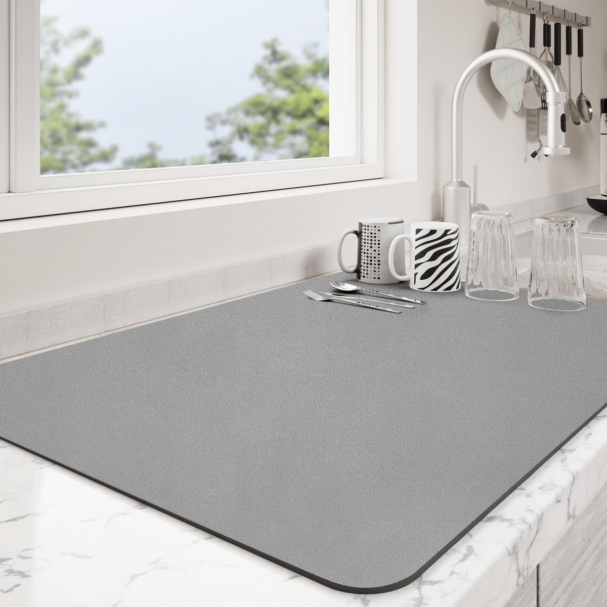 Dish Drying Mat for Kitchen Counter | Coffee Bar Mat for Countertops | Heat Resistant Drainer Mat with Non-slip Rubber Backed | Hide Stain Kitchen Absorbent Draining Mat | Grey 18"x32"