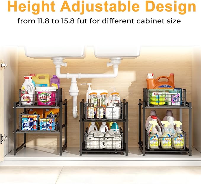 Under Sink Organizer, 2-Tier Pull Out Cabinet Organizer, Kitchen Bathroom Organizer and Storage, Spice Rack for Kitchen, Multi-use Sliding Drawers Shelves, Pack of 2