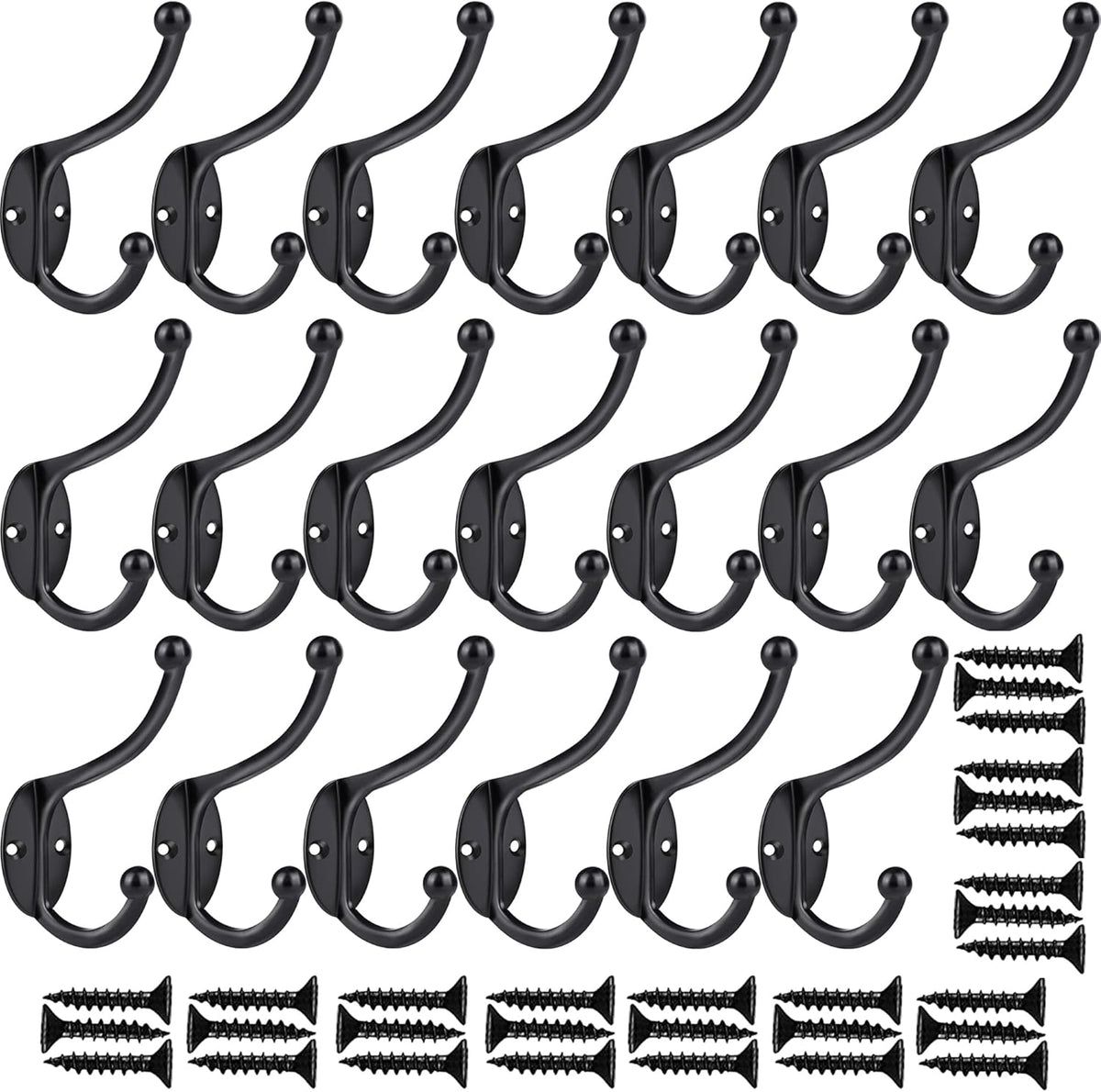 ZEYU 20Pcs Wall Hooks, Coat Hooks Hardware Heavy Duty Hooks for Hanging Coats Double No Rust Black Hook Wall Mounted with Screws for Key, Towel, Bags, Cup, Hat