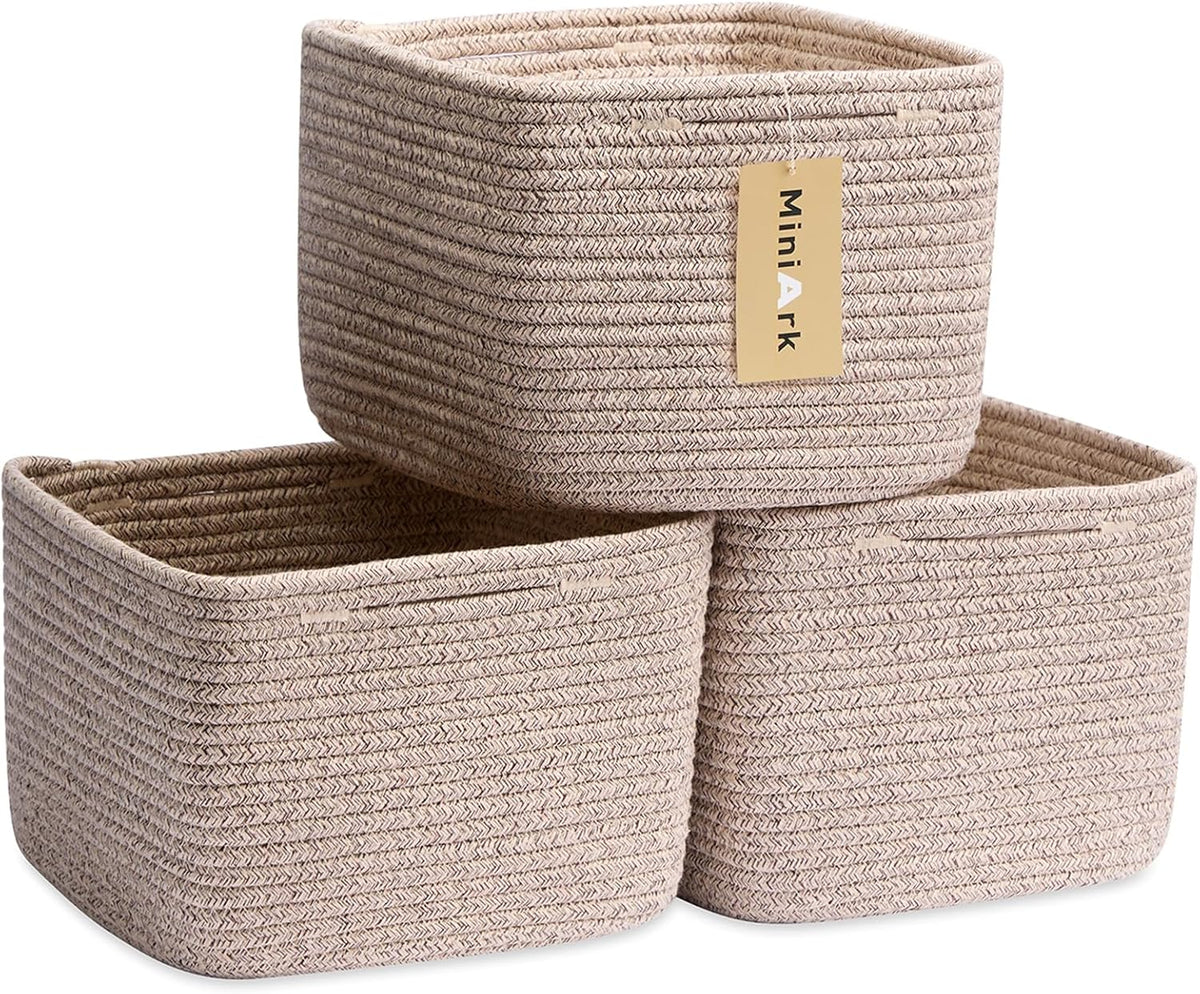 Small Organizing Baskets for Cubes Shelf, 9.7x9.7x7.1 Inch Rope Woven Storage Bins for Nursery Shelves Storage, Cute Toy Basket, Square 3 Packs Mixed Brown
