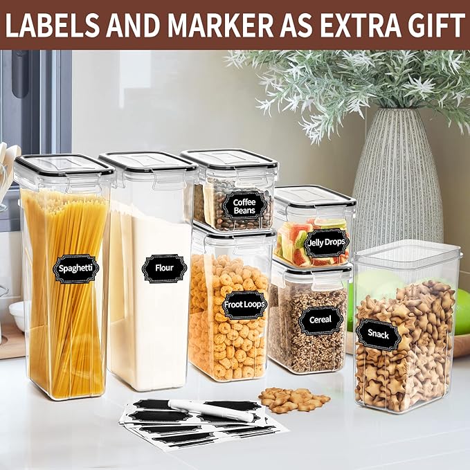 PRAKI Airtight Food Storage Containers Set with Lids - 24 PCS, BPA Free Kitchen and Pantry Organization, Plastic Leak-proof Canisters for Cereal Flour & Sugar - Labels & Marker