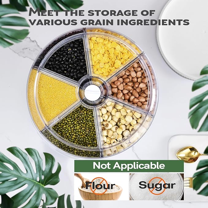 Grain Dispenser, 360° Rotating Storage Container, 6 Grid Food Dispenser with Storage Sealed Lid, Rice Dispenser for Kitchen Grains, Beans, Rice