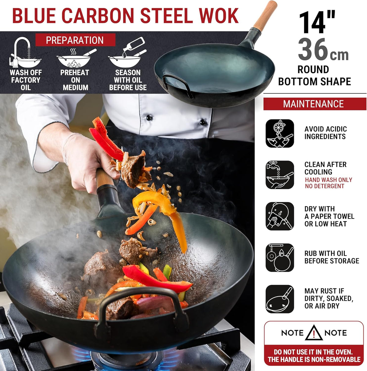 YOSUKATA 14” Round Bottom Carbon Steel Wok Pan – Blue Pre-Seasoned Pow Wok for Stir Fry, BBQ, Grill & Camping – Traditional Japanese & Chinese Cookware – Compatible with Gas Stoves & Open Fire Only