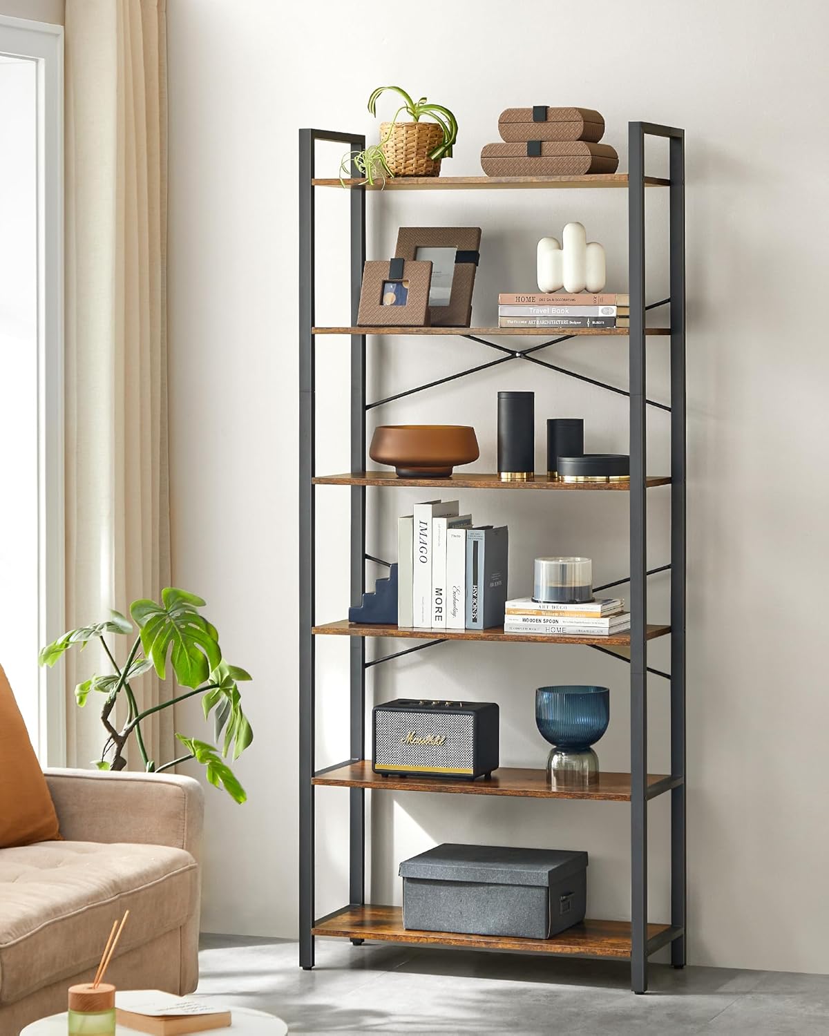 VASAGLE 6-Tier Bookshelf, Bookcase with Steel Frame, Book Shelf for Living Room, Home Office, Study, 11.8 x 31.5 x 73.2 Inches, Industrial Style, Rustic Brown and Ink Black ULLS082B01