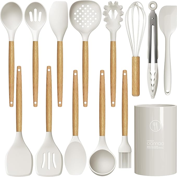 Silicone Cooking Utensils Set - 446°F Heat Resistant Silicone Kitchen Utensils for Cooking,Kitchen Utensil Spatula Set w Wooden Handles and Holder for Non-Stick Cookware, BPA FREE (Cream White)