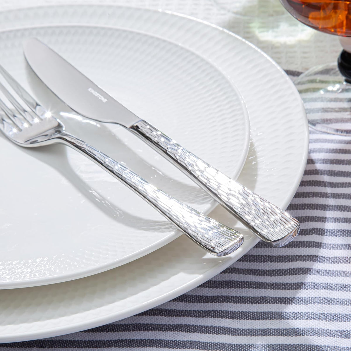 KINGSTONE Hammered Silverware Set, Flatware Set, 18/10 Stainless Steel Premium Cutlery with Unique Ripple Handles Design Mirror Polished - Dishwasher Safe (30-Piece)