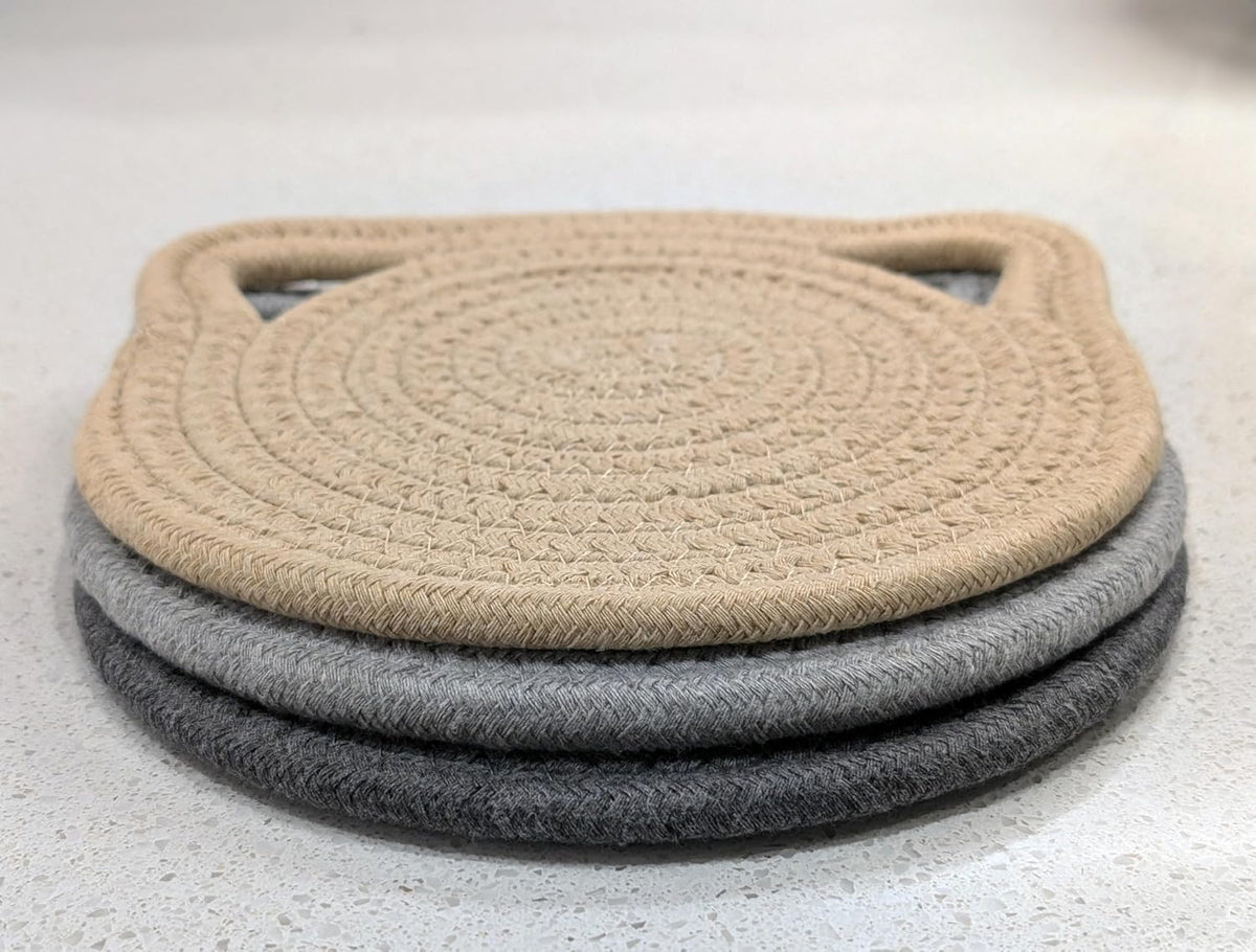 7” Cat Trivet 3 Piece Set - Sturdy Thick Cotton Hot Pad Placemat - for Kitchen and Dining - Cute Kawaii Kitten Design - Kitchen Accessory Gift (Gray & Beige)