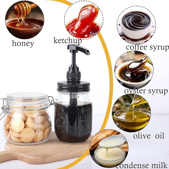 Glass Mason Syrup Sauce Bottle With Dispenser Pump 16 Oz Mason Jar Honey Coffee Syrup Condiment Ketchup Container Food Grade Airtight & Leak-Proof -2 set