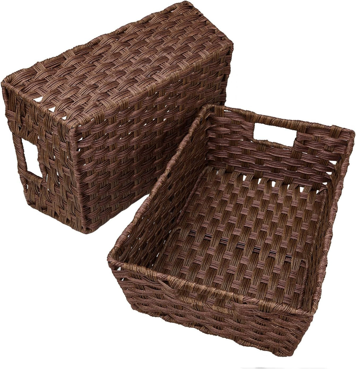 Large Wicker Storage Basket, Metal Frame, Set of 2, Washable Waterproof, 15" x 10.3" x 5.2", Brown Color, Woven Basket for Pantry, Toilet, Bathroom, Bedroom, Patio