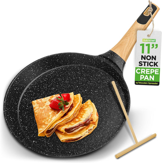 NutriChef 11” Non-Stick Crepe Pan with Wooden Spreader, Durable Marble Coated Dosa Pan, Bakelite And Wood Handle With Induction Bottom, Easy-to-Clean, Stain-Resistant (Black Marble)