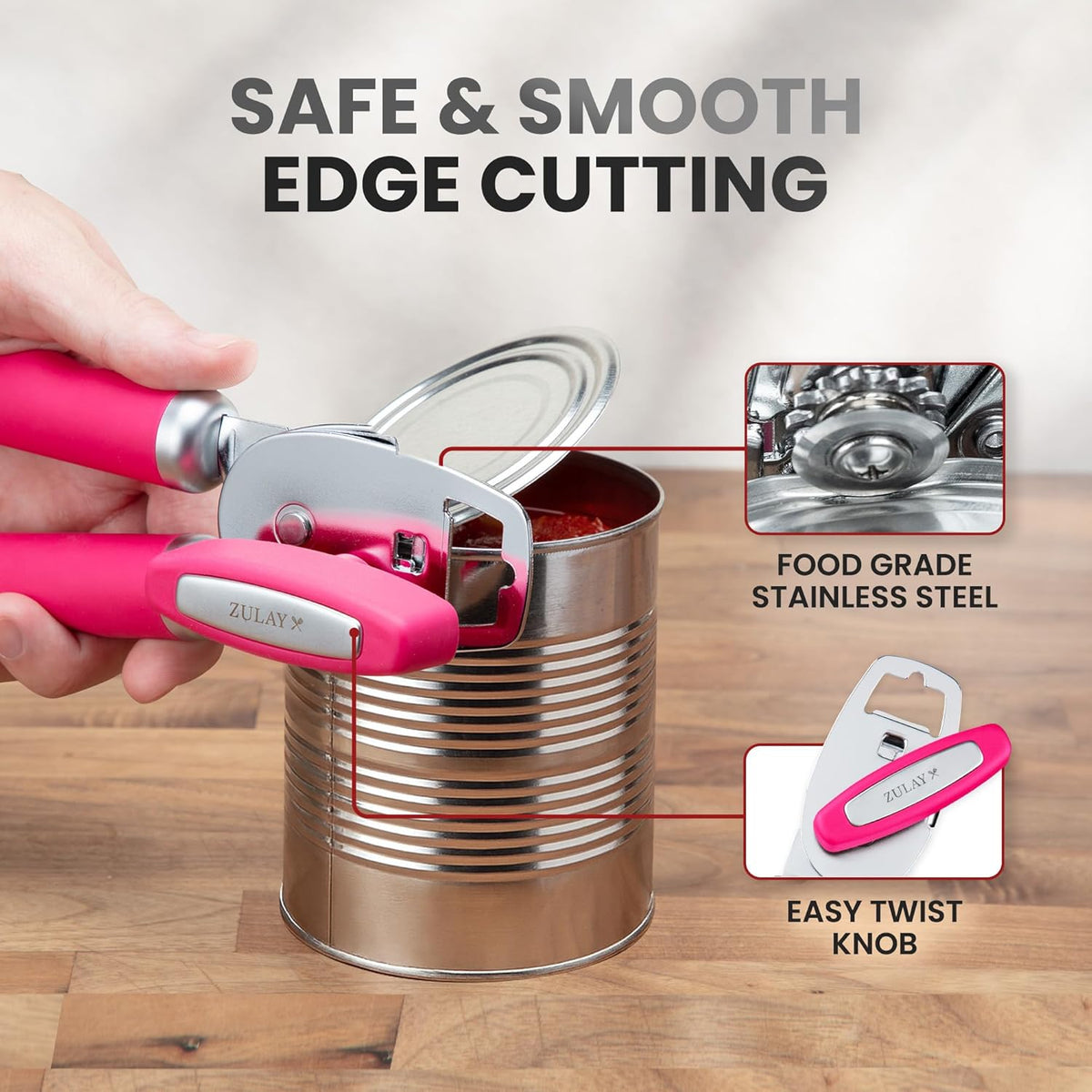 Zulay Kitchen Heavy Duty Stainless Steel Can Opener Manual with Bottle Opener - Rust Proof Manual Can Opener With Turn Knob & Comfy Soft Grip Handles - Dragonfruit