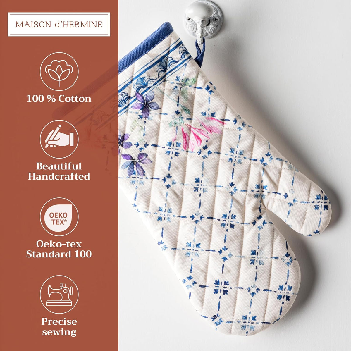 Maison d' Hermine Oven Gloves 100% Cotton Oven Mitt 7" x 13" with Loop Heat Resistant, BBQ, Cooking Gloves, Baking, Grilling, Kitchen, Handling Hot Pans Spring/Summer (Pack of 1, Faience)