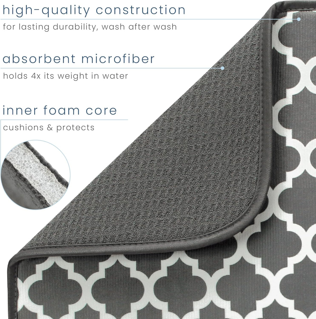 S&T INC. Dish Drying Mat XL, 18” x 24”, Absorbent Microfiber Kitchen Counter Mat, Dish Drying Pad for Dishes, Utensils, Pots and Pans, Extra Large, Pewter Grey Trellis