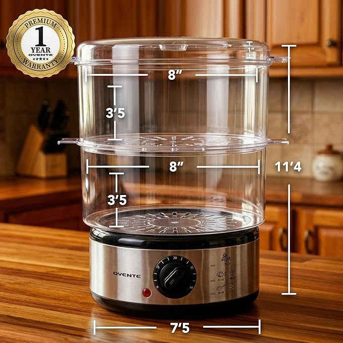 OVENTE 2-Tier Electric Food Steamer, 5 Quart Stainless Steel Stackable Steam Cooker with 400W Power, 60-Minute Timer & Auto Shut-Off, Dishwasher Safe, Healthy Vegetable & Seafood Steamer, Silver FS62S