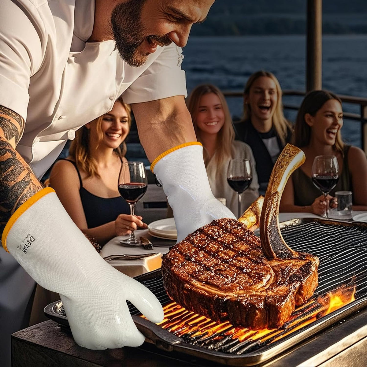 DEYAN Silicone BBQ & Oven Gloves - Food Grade, Heat Resistant Waterproof & Oil Proof Gloves for Grilling, Baking, Frying, Cooking - Long Sleeve & Non-Slip Grip, 1 Pair (White, 7/S)
