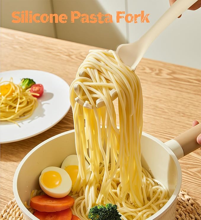 Silicone Cooking Spoon and Pasta Fork Set, 2 Pack Large Spatula Spoons Set with Wooden Handle, Heat Resistant Multifunction Spoon for Cooking, Serving and Mixing Spaghetti (White)
