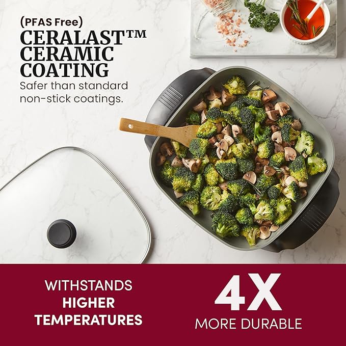 Elite Gourmet 12"x12"x2.15” Ceralast™ PFAS Free Ceramic Electric Skillet, Dishwasher Safe, Rapid Heat Up, 1200W, Dark Grey