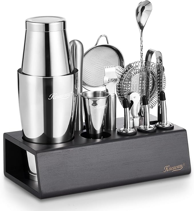 KITESSENSU Boston Shaker Set Mixology Bartender Kit | Premium Cocktail Shaker Kit with Stand Professional Home Bar Tools Accessories: Martini Shaker, Citrus Tools, Fine Mesh Strainers, Muddler, Jigger