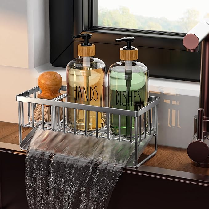 Cisily Kitchen Dish Soap Dispenser Set Stainless Steel Sponge Holder and 2 Pack 16.9oz Clear Glass, Dish Soap Dispensers, Vintage Hand and Dish Soap Dispensers Set, Dispensador De Jabon De Cocina