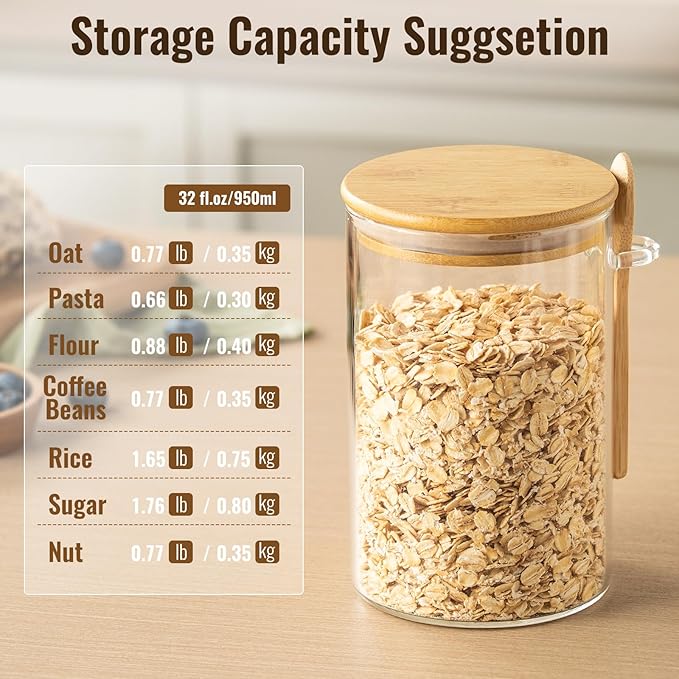 6 Pack 32oz Glass Jars with Bamboo Lids,Glass Storage Containers with Lids,Clear Airtight Food Storage Jar for Coffee,Tea,Sugar,Flour,includes 168 Pantry Labels & Spoons,3mm Thick Canisters