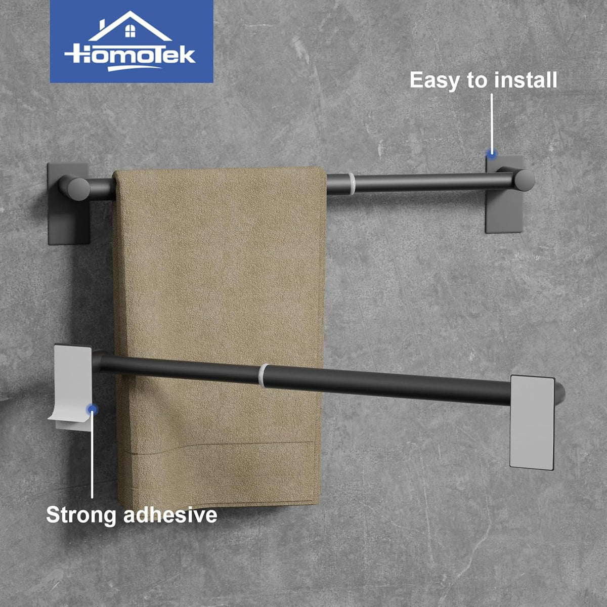 2 Pack Adhesive Adjustable Towel Bar, Economical Self Stick Bathroom Towel Holders, HOMOTEK Bathroom Rod Size from 14 Inch to 24.5 Inch Single Hanger for Kitchen(Thickened Matte Black)