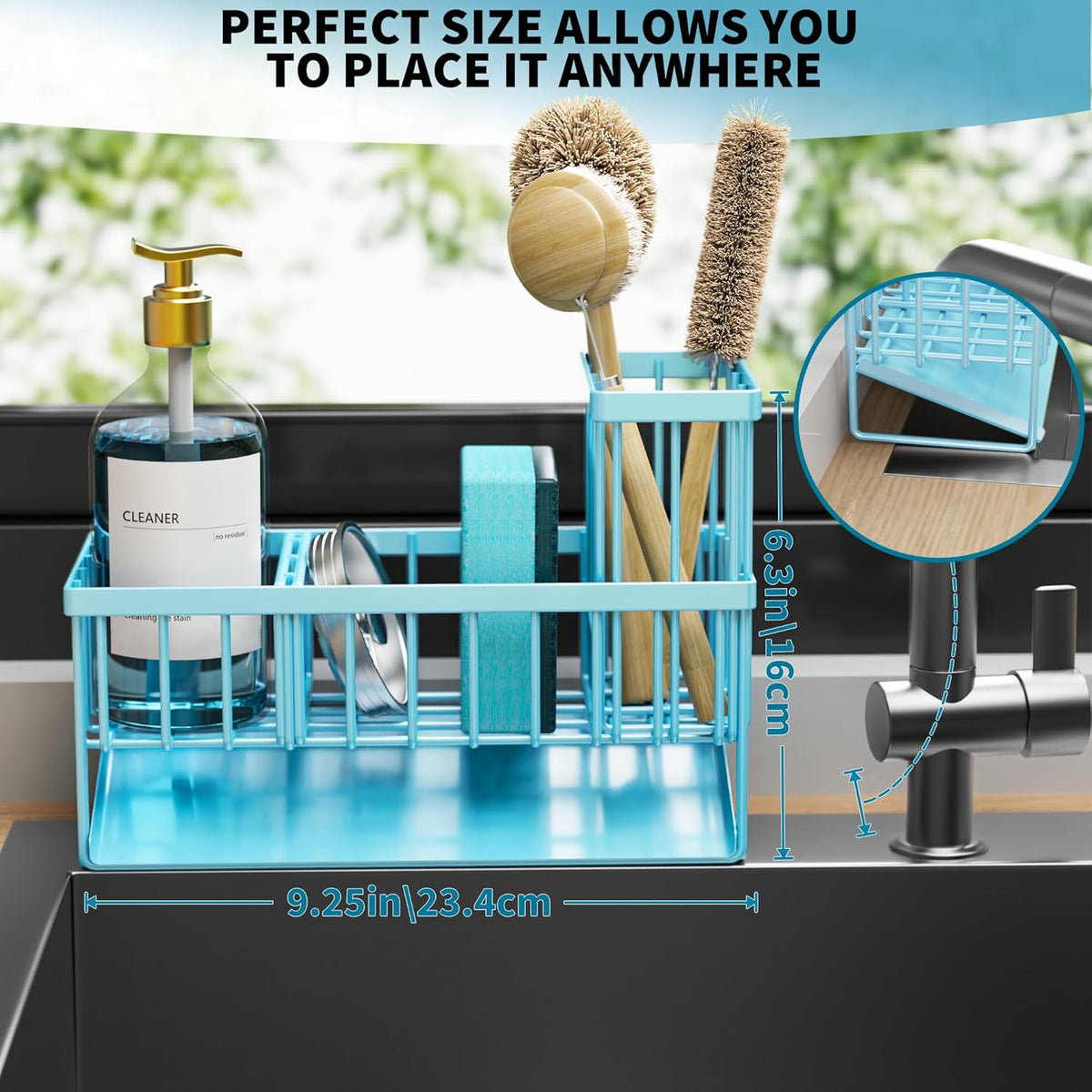 Cisily Blue Kitchen Sink Caddy Organzier with High Brush Holder, Sponge Holder for Sink, 304 Rustproof Stainless, Kitchen Countertop Soap Dispenser Organizer, Home Decor and Accessories
