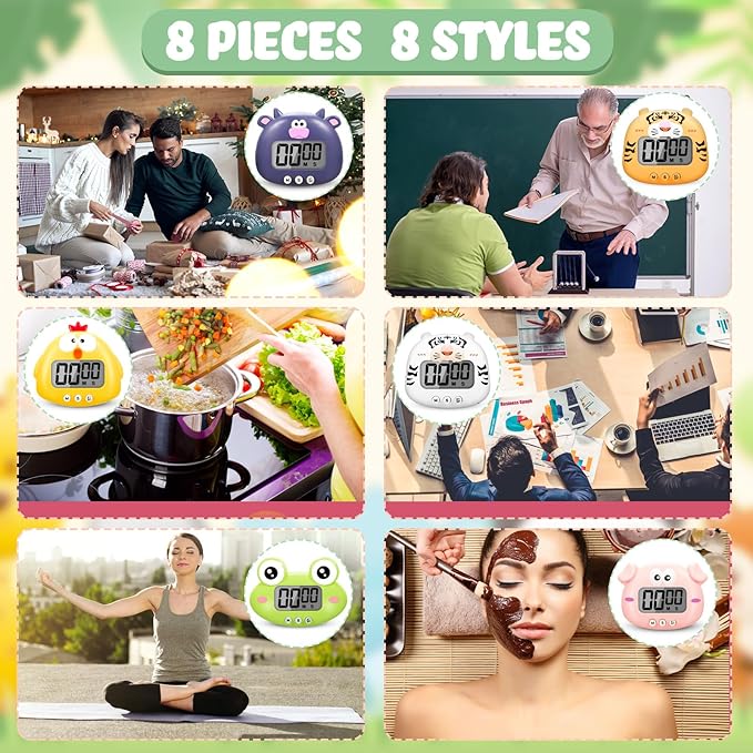 8 Pcs Cute Animal Kitchen Timer Digital Countdown Classroom Timer Magnetic Cartoon Decorative with LCD Large Visual Screen for Kitchen Cooking Classroom Whiteboard, 8 Styles