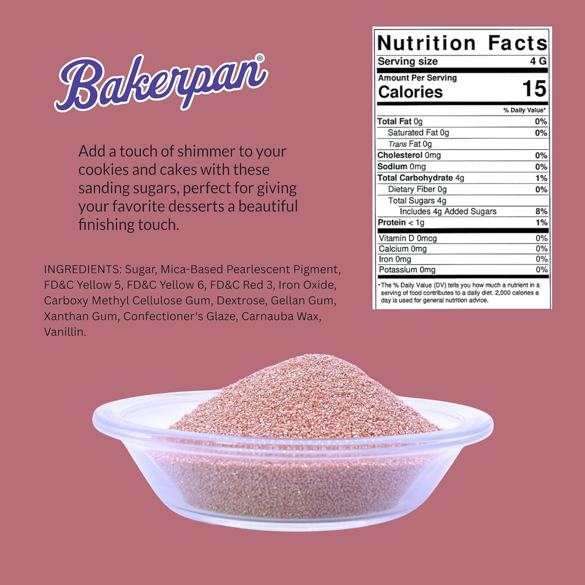 Bakerpan Rose Gold Sanding Sugar for Baking & Cookie Decorating - 5 Ounce Edible Rose Gold Sugar Sprinkles for Cookies, Cakes, Cocktails (Made In USA)